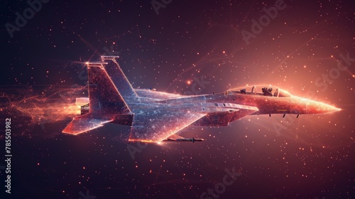 A blue fighter jet in flight from abstract polygonal points. Low poly fighter in motion, lines and connected to form, modern illustration.