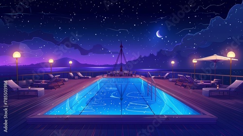 Cruise liner swimming pool at night, empty ship deck with sun loungers and umbrellas, luxury sailboat under starry sky. Cartoon modern illustration of passenger ship under starry sky. photo