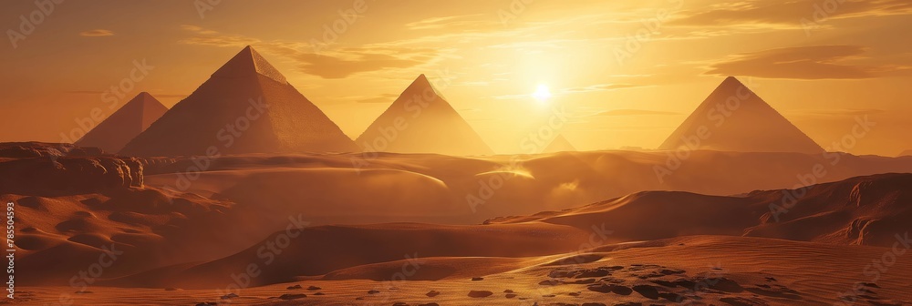 Iconic Egyptian pyramids in a sandy desert with the setting sun creating a historical and travel-based scene