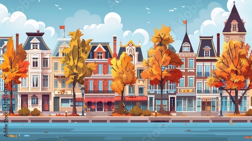 An autumn city street with European colonial Victorian buildings and lake promenade. 19th century town with old architecture. Cartoon illustration of a retro style cityscape at the river's edge.