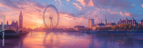 Stunning panorama of London's skyline at sunset, featuring famous landmarks like the London Eye and Big Ben bathed in golden light