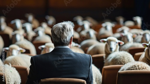 Man Facing Sheep Crowd in Auditorium: Populism Metaphor photo