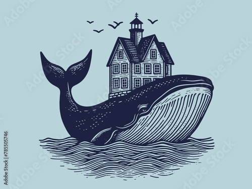 A huge whale with an old house on its back. Vintage retro engraving illustration. Black icon, isolated element	