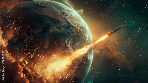 An aerial view of a planet under attack by missiles in a global warfare scenario, representing a world conflict