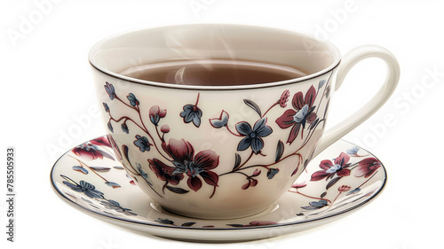 An elegant porcelain teacup with a floral pattern on a saucer, with steam rising from a hot beverage.