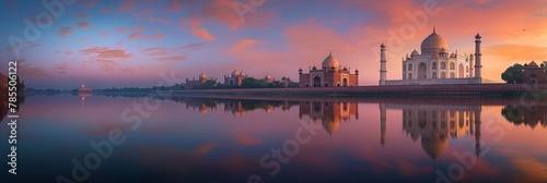 The iconic Taj Mahal reflects in the still waters of the Yamuna River during a colorful sunset © gunzexx png and bg