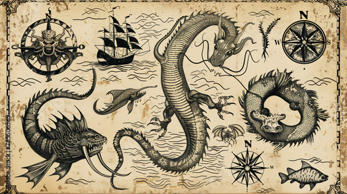 Vintage map elements. Serpent dragon leviathan sketch.