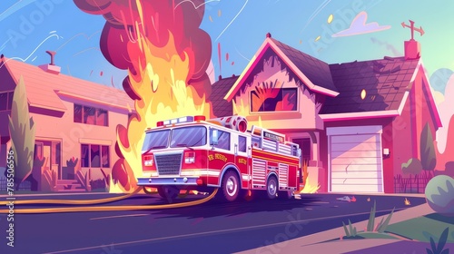 Fire truck in front of burning house, suburban cottage with long tongues. Dangerous accident at home, firefighters vehicle near blazing building in countryside. Cartoon modern illustration. © Mark