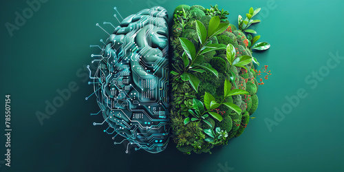 Digital brain and green foliage representing AI and nature harmony