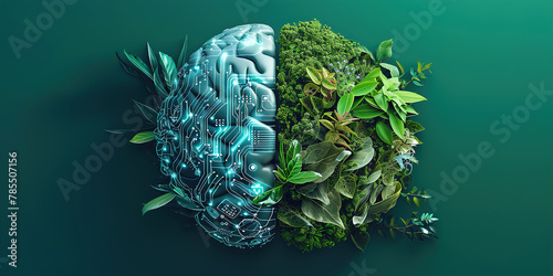 Digital brain and green foliage representing AI and nature harmony