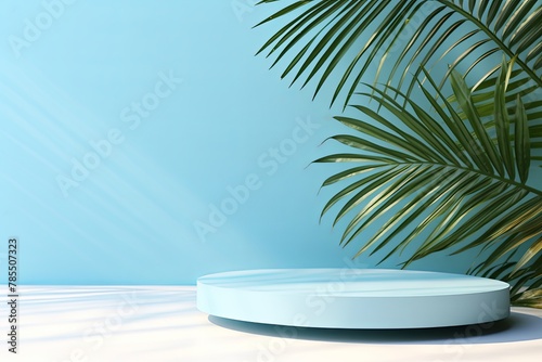 Sky Blue background with shadows of palm leaves on a sky blue wall, an empty table top for product presentation. A mockup 