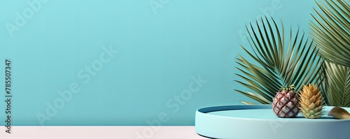 Sky Blue background with shadows of palm leaves on a sky blue wall, an empty table top for product presentation. A mockup 