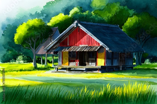 A watercolored bright serene image of a traditional bahay kubo, capturing the tranquility of rural life photo