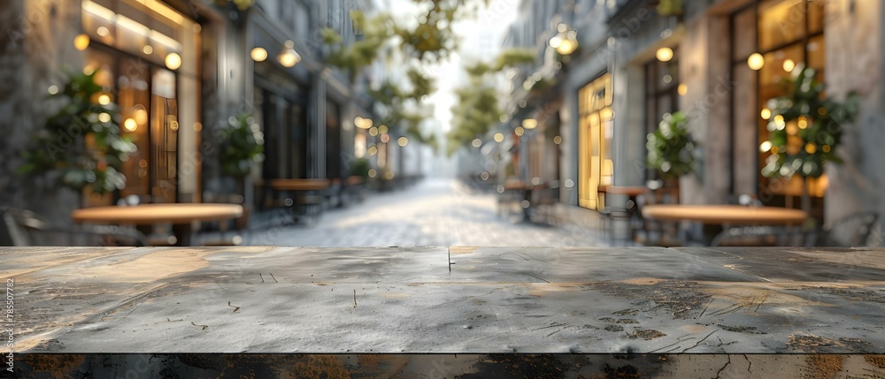 Fototapeta premium Elegant Stone Tabletop with Dreamy Plaza Backdrop. Concept Stone Tabletop, Elegant Setting, Dreamy Plaza, Backdrop, Outdoor Photoshoot