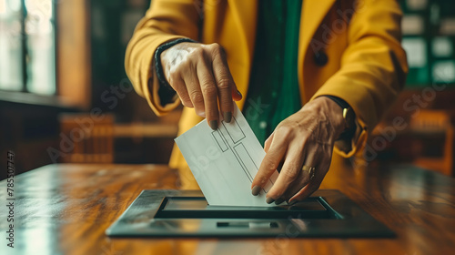 The image depicts a person's hands inserting an envelope into a voting machine or ballot box. The person is wearing a yellow jacket, suggesting they may be a poll worker or election official.