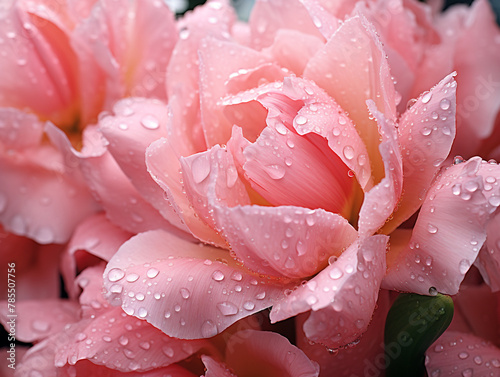 A close-up shot of dewdrops on tulip petals, capturing the morning freshness and enhancing the beauty of the flowers. 