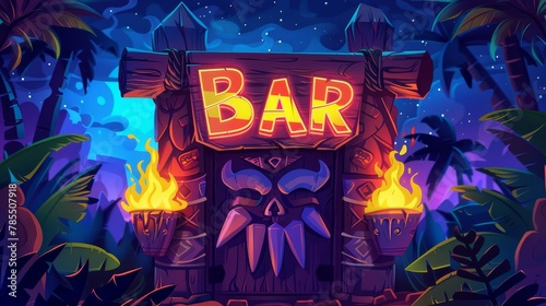 An advertising banner for a tiki bar with tribal masks, flying torches, palm leaves, and a push button. It's an ad for a beach hut bar on a beach for a night party. photo