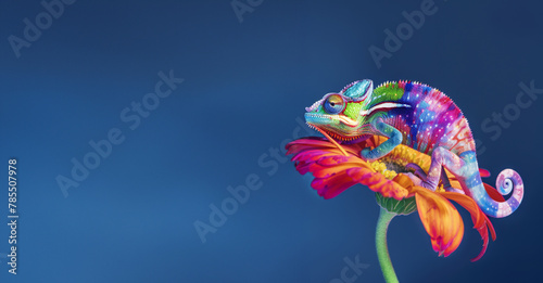 Chameleon on flower with a spiral tail Bright colorful rainbow color scales © sirilak