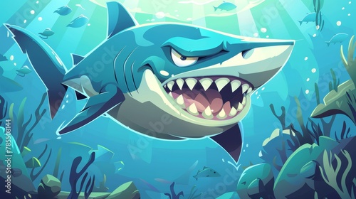 Shark in ocean with angry and happy expression. Modern poster illustration of cartoon fish with scary teeth  smiling and evil underwater sea animals.