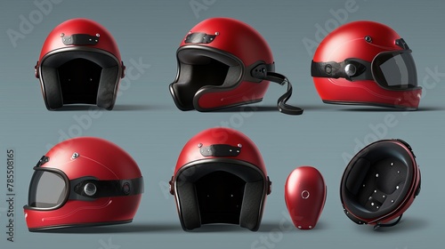 This realistic 3d modern set shows a red motorcycle helmet with glasses, retro biker headwear, vintage accessory. Driver round hat with glossy surface, black lining and belt is shown from front, back photo