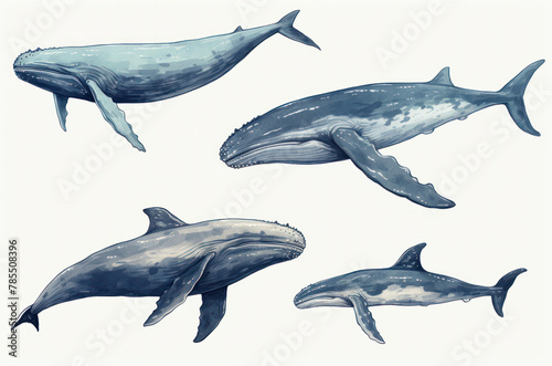 illustration of whales in different style