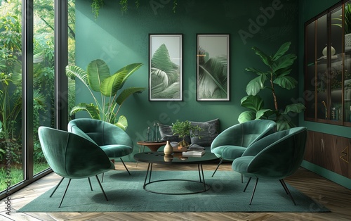 Designer chairs at round black glass table, and with comfy sofa. Mid-century home interior, design of modern living room.