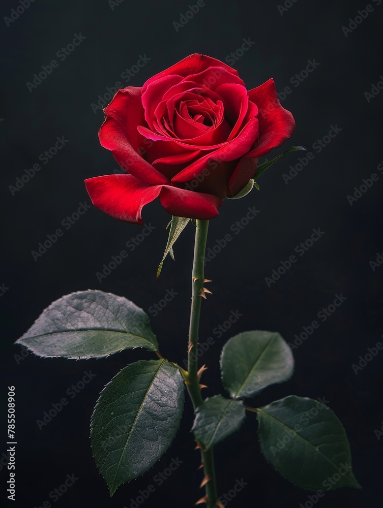 Fototapeta premium A beautiful single red rose in full bloom against a black back ground.