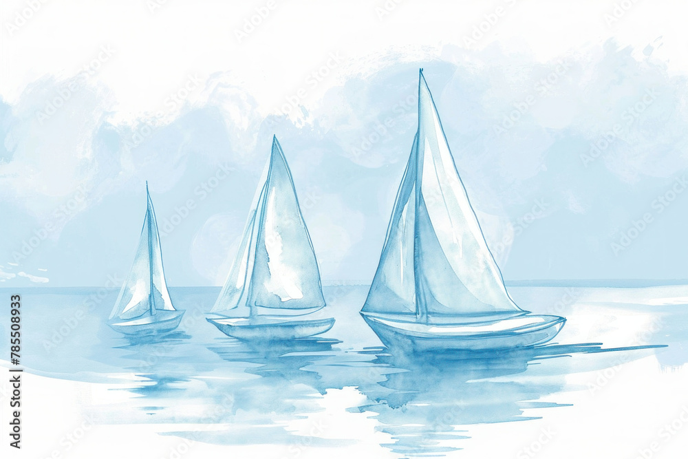 Tranquil Watercolor Illustration of Three Sailboats Sailing on a Calm Blue and White Sea