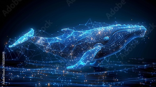 A blue whale composed of polygons. Abstract modern illustration of a starry sky. Lines, dots and shapes make up the whale.