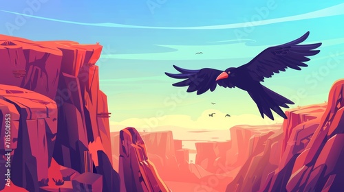 A raven flies in a canyon with red mountains. Modern cartoon landscape of a gorge with stone cliffs, rock faces and a raven. photo