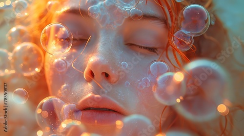 Dreamy Portrait of a Woman Surrounded by Bubbles