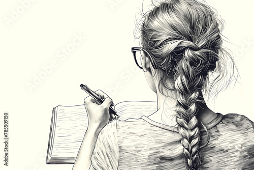 a black and white drawing of a woman writing in a notebook
