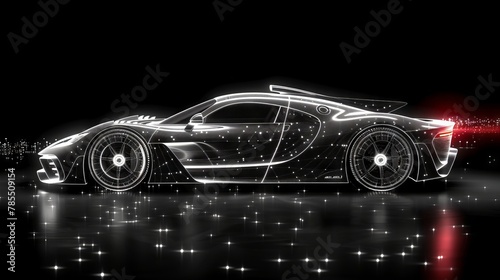 Abstract image of a sport car composed of planets, stars, and the universe. Cars modern wireframe concept.