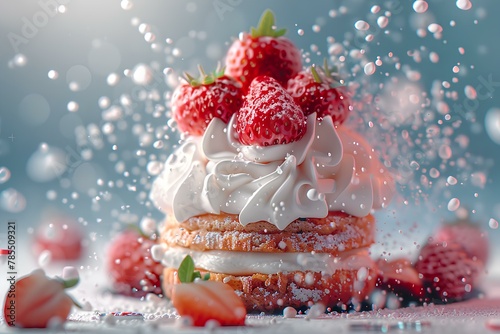 A cake with whipped cream and strawberries on top of it surrounded by water droplets and bubbles