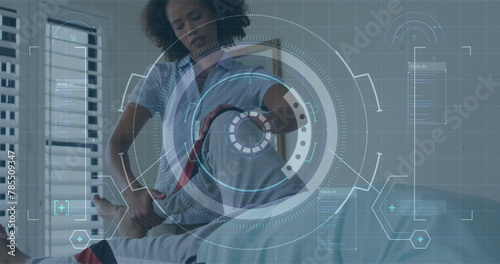 Image of scope scanning and data processing over african american nurse exercising with patient