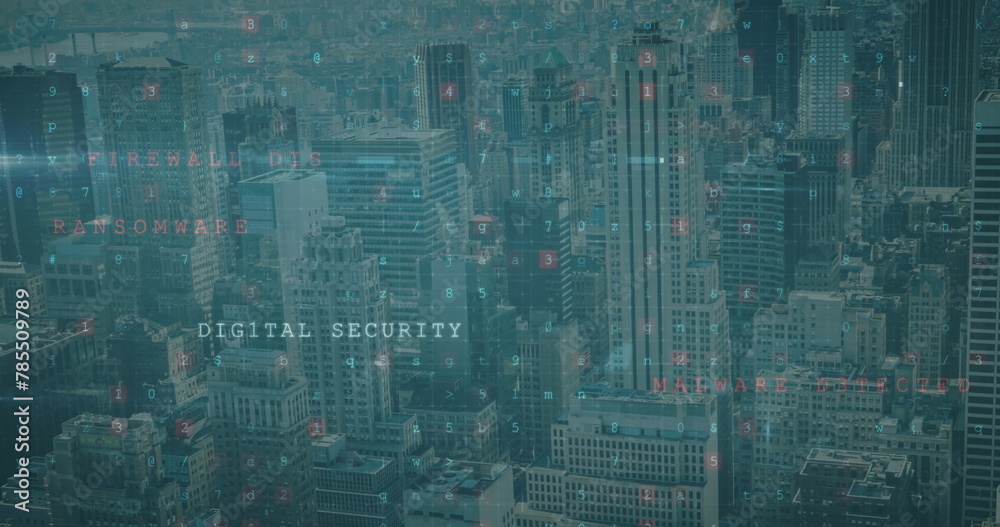 Obraz premium Image of data processing over cityscape