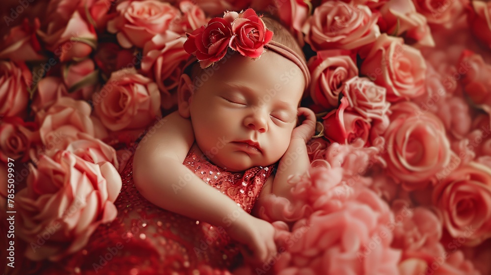 Young newborn girl born in a rose 01