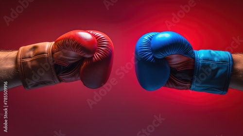 Two Boxing Gloves Clashing Against Red Background © VGV