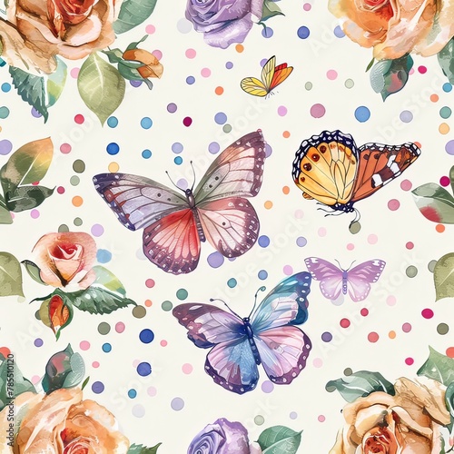 Adorable, pretty butterflies pattern with flowers and butterflies on watercolor background.