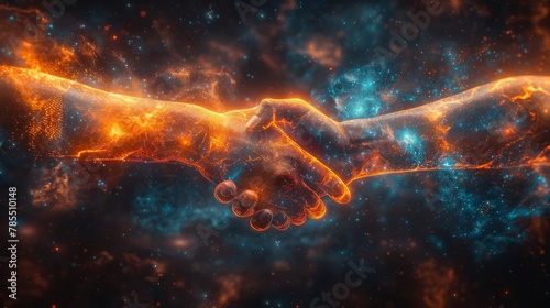This abstract image is a handshake shaped as a starry sky or space, with points, lines, and shapes that represent planets, stars, and the universe. Modern format. RGB color mode.