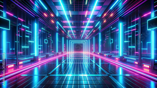 The vibrant corridor is lit with neon lights, creating a futuristic and digital atmosphere. The colours are predominantly shades of blue and pink, which contrast sharply with the dark background.AI ge