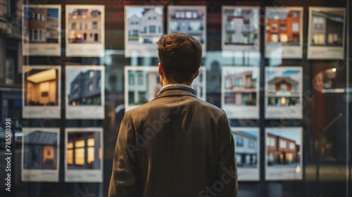 Street view: A man scrutinizing property listings on display at a real estate agency 02