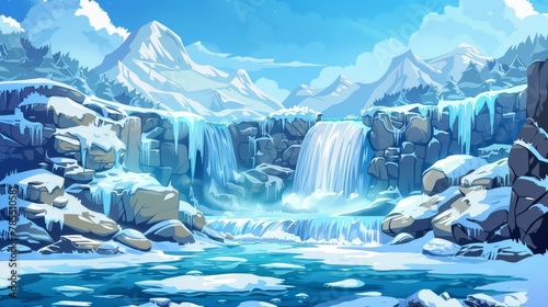 Scenic nature background, Cartoon Modern background, Waterfall at winter scenery landscape. Water stream falls from rocky cliff to lake or sea, with broken ice floes around it. Scenic nature photo