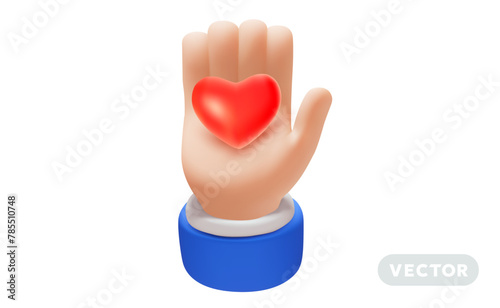 Vector care illustration of gesture hand in sleeve hold red heart on white color background. 3d style design of man white skin hand take care of heart