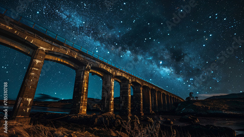 Wide angle of viaduct bridge under night sky  photo