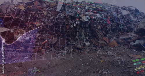 Image of financial data processing over junkyard