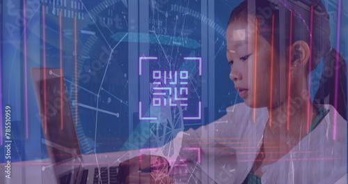Image of binary coding and data processing over woman using tablet