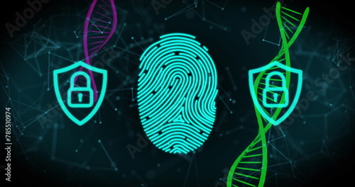Biometric scanner and security padlock icons against dna structures and network of connections