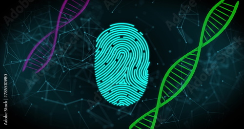 Biometric scanner and security padlock icons against dna structures and network of connections