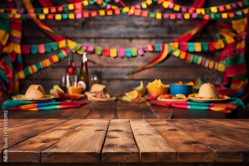  Empty wooden table with Mexican fiesta background in the background 